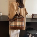 Vintage large capacity tote bag with orange and blue plaid tweed and brown leather accents - Navy Plaid