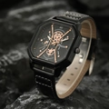 Macro shot of KUN square men's watch with rose gold hands on a dark stone background - HK044 Watch Only / Black