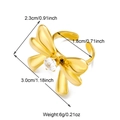 Detailed dimensions of gold bow ring with shell flower and crystal in studio view - Butterfly Rhinestone / Gold Butterfly Style (R01123G)