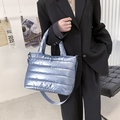 Quilted metallic blue space cotton tote bag with wide shoulder strap for women - Blue