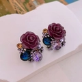 Vintage floral stud earrings with deep red resin rose and colorful crystal accents - 54# Purple Rose Color Blocking Rhinestone (925 Sterling Silver Earring Post)