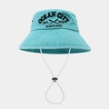 Dettaglio del cappello a secchiello in tela lavata blu con cordino antivento regolabile - Taglia unica / Blu Lago