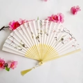 Bamboo folding fan with white silk crane and cherry blossom print and beige tassel - White Background Crane & Cherry Blossom Style (Female Fan-85)