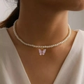 Elegant pearl necklace featuring a lavender butterfly pendant for a feminine look - SY325【Pink Butterfly】-Pink Butterfly Pendant Pearl Necklace