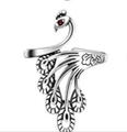 Vintage silver peacock adjustable open ring with red gem eye and detailed feathers - Open-tailed Peacock