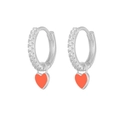 Silver huggie hoop earrings with sparkling zircon pave and red heart-shaped pendants - White Gold Plated Orange