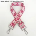 Detail of 3.8cm jacquard canvas bag strap with silver metal swivel hooks and pink patterns - Beige Rose Red Silver Hook