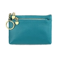 Turquoise genuine leather coin purse with double gold zippers and heart keychain charms - Lake Blue
