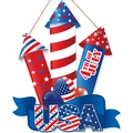 4th of July USA wooden hanging sign with rocket and flag elements for Independence Day - Independence Day Elements