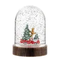 Boule à neige avec voiture vintage rouge et chien doré sur socle en bois brun - Voiture Rouge et Arbre Remplis d'Eau