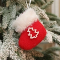 Red plush Christmas stocking ornament with white tree pattern and faux fur trim - Christmas Tree