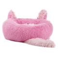 Pink plush pet bed with cat ears and fluffy tail for cats and small dogs - Bright Pink (Long Tail Style)