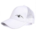 White trucker hat with mountain embroidery and breathable mesh back for outdoor sun protection - One Size / White