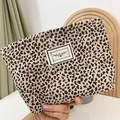 Portable leopard print corduroy makeup bag with drawstring closure and text label - Beige Leopard
