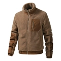 Men's brown sherpa fleece jacket with stand collar and contrast fabric paneling - S / Camel
