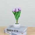 Detailed view of 5-head purple tulip LED lamp in a white ceramic pot on a wooden desk - 6 Heads-White & Purple-Battery Style