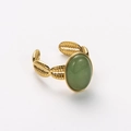 Detail of vintage 18k gold plated stainless steel ring with green oval stone - Adjustable Open / Green