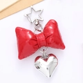Red faux leather bow keychain with silver metal heart pendant and star-shaped ring - Star Clasp Leather Bow / Red