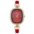 Elegant oval gold ladies watch with diamond dial and stylish red leather strap - Red