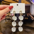 Detail of S925 silver long dangle earrings with white pearls and gold petal design - Three-layer Petal Polarized Pearl Drop