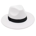 Detailed close-up of white wool fedora hat with elegant black ribbon band detail - One Size / White