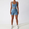 Ensemble de yoga respirant bleu mat comprenant une brassière et un short avec poche latérale - 10/M / Short à Double Épaule Bleu Gris Clair