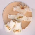 Detailed set of baby lace headbands and knitted socks with mesh flowers and deer antlers - 4638 Beige Headband + Socks