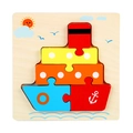 Ship theme wooden puzzle toy for toddlers with colorful blocks on a sea patterned board - Snap Puzzle-Ship (卡扣JM-轮船)