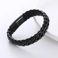 Double-layered black braided leather bracelet for men with matte magnetic buckle - Black