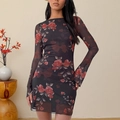 Sexy black floral mesh long sleeve mini dress with red roses and bodycon fit for women - S / Black