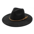 Close-up of black suede fedora hat with brown braided band and wide brim detail - M (56-59cm) / Black Faux Suede
