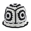Handmade crochet bucket hat with vintage black and white floral pattern and hollow knit texture - White Black