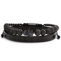 Hamsa hand evil eye beaded bracelet and black Roman numeral bangle set with mirror reflection - Style B / Gunmetal