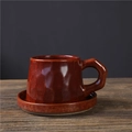 Dark red ceramic coffee cup and saucer set with handmade texture on rustic wooden table - Maroon - Coffee Cup + Saucer 310ml / Universal