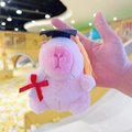 Pink plush rabbit keychain with mini graduation cap and diploma for student backpacks - Pink Graduation Style + Bead Chain
