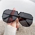 Fashionable oversized black shield sunglasses with V-shaped bridge and silver rivet details - Black Frame Black Grey Lens