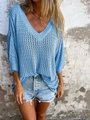 Hellblaues V-Ausschnitt Strickoberteil im Oversize-Stil mit lockeren hohlen Ärmeln - 3XL / Licht Pfauenblau