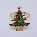 Golden Christmas tree napkin ring with green enamel and sparkling red rhinestones - Starry Christmas Tree - Gold (Z1290)