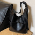 Large black PU leather bucket bag with adjustable strap on stone base - Black