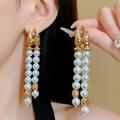Detail view of vintage pearl tassel earrings with gold engraved top and drop beads - Silver Post Palace Pearl (36#)