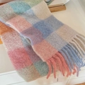 Rainbow plaid winter scarf for women in pink and blue mohair texture with tassels - Pink Purple