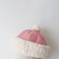 Pink suede and cream faux fur winter skullcap with pompom for babies and children - 49-52CM (Suggested 2-6 Years) / Pink