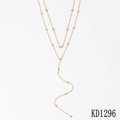Double-layered gold lariat necklace featuring small beads and sparkling zircon accents - Gold Beaded Multi-Stone Y-Shaped Double Layer Necklace(KD1296)