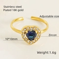 18K gold plated stainless steel adjustable ring with heart-shaped blue zircon - Heart Style / Blue Zirconia
