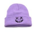 Lavender knitted beanie featuring a street-style embroidered smiley face for winter warmth - Purple