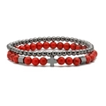 Tiger eye and turquoise beaded double bracelet set with metal cross charm on white background - 6MM Red Turquoise & 4MM Hematite
