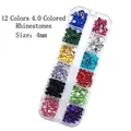 Detailed view of 12-color 4mm multifaceted resin rhinestones in a clear storage case - 12 Colors 4.0mm Round Rhinestones