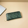 Dark green long PU leather wallet with embossed chain pattern and gold zipper detail - Green