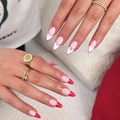 Almond-shaped press-on nails with red and white sweet heart patterns on pink base - Glue Type (Y-532)