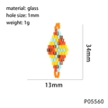 Detail view of 34mm diamond-shaped woven glass beads for DIY jewelry with dimensions - P05560